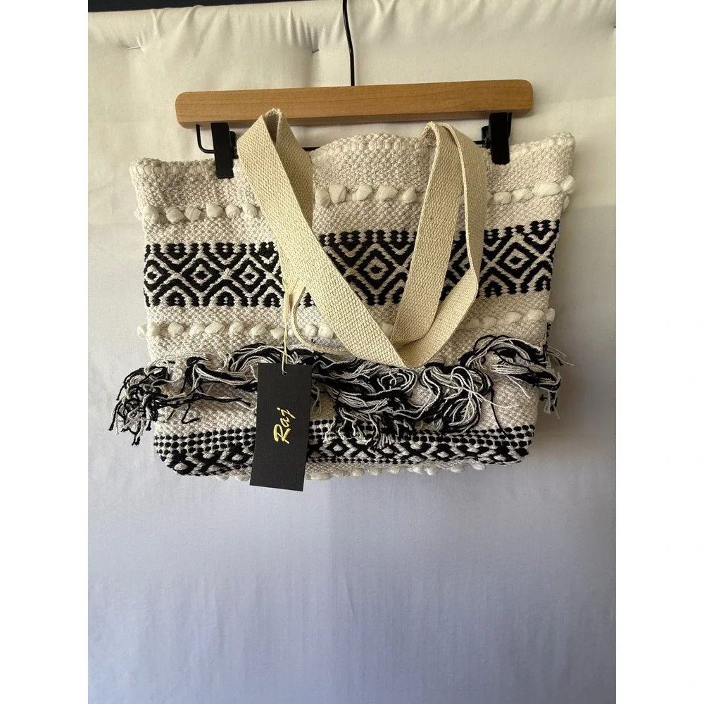 Raj Woven Geometric Tassel Tote Bag Black Cream Boho Pom Pom XL Large‎ NEW